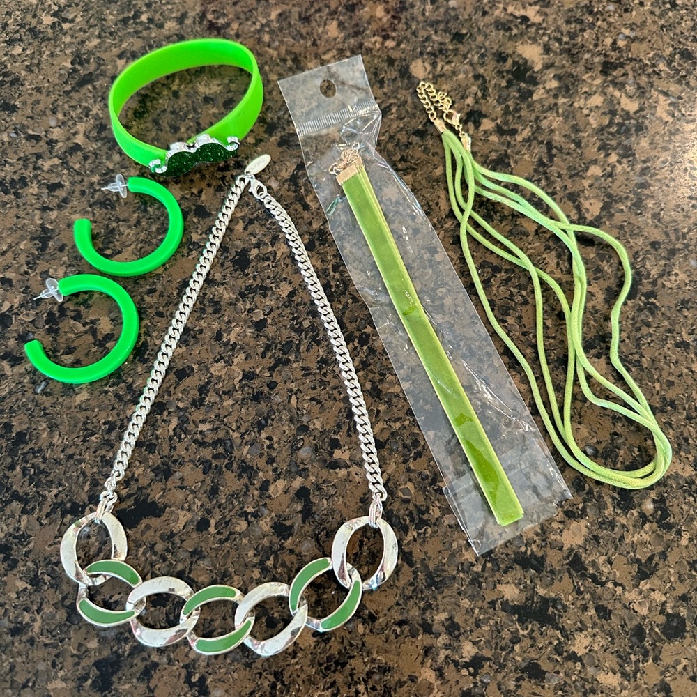 Lot of Green Jewelry with Silver color George Necklace, Chunky Hoops and more